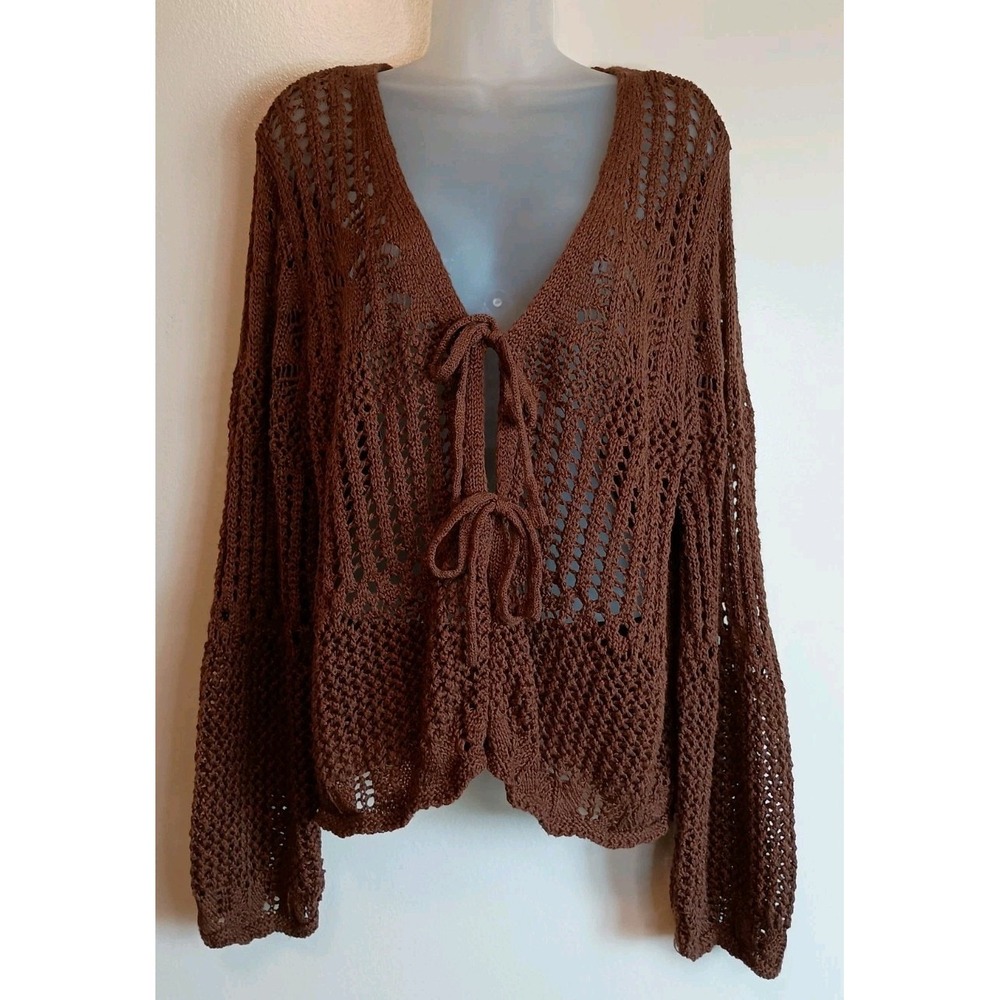 Maurices XXL Open Stitch Front Tie Cardigan Brown Crochet Knit Boho Sweater